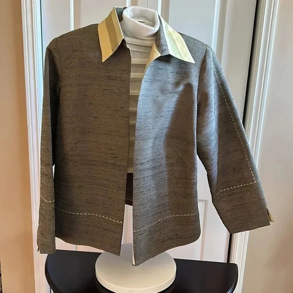 100 Thai silk green gray yellow open front Blazer Size44. SHINAWATRA - Picture 7 of 16